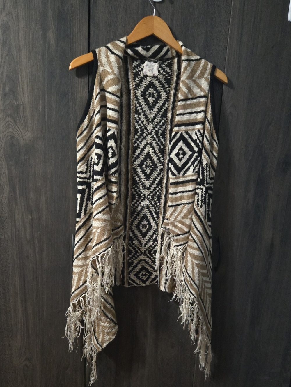 Hippie Rose Aztec Fringe Knit Vest in Beige and Black